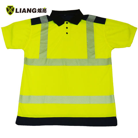 High visibility two-tone short Sleeved T-shirt 100% polyester POLO bird eyes knit heat transfer reflective tape men polo